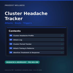 Könnte beinhalten: Ein digitales Cluster-Kopfschmerz-Tagebuch von Prozeist Wellness mit dunkelblauem Farbverlauf. Das Inhaltsverzeichnis umfasst Cluster-Kopfschmerz-Profil, Attacken-Protokoll, Cluster-Perioden-Tracker, Attacken-Timing & Muster sowie Abortive Behandlung & Reaktion.