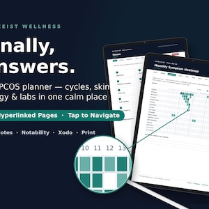 May include: A digital PCOS planner displayed on two tablets against a dark blue background. Text reads: Prozeist Wellness, Finally, Answers, The PCOS planner, 81 Hyperlinked Pages, Tap to Navigate, GoodNotes, Notability, Xodo, Print. A heatmap shows symptoms.