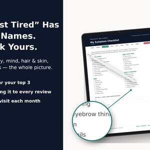 May include: A digital tablet displays a My Symptom Checklist with categories for body, mind, hair, skin, and hormones. Text on the left reads: Just Tired Has 34 Names. Tick Yours. Energy, mind, hair & skin, cycles — the whole picture. Star your top 3, Bring it to every review, Revisit each month.