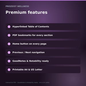 May include: A purple digital graphic listing premium features for Prozeist Wellness, including a hyperlinked table of contents, PDF bookmarks, home buttons, navigation, compatibility with GoodNotes and Notability, and printable A4 and US Letter sizes.