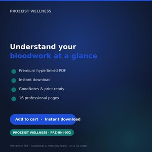 Puede incluir: Un anuncio de producto digital para Prozeist Wellness con el texto Understand your bloodwork at a glance. Enumera características que incluyen un PDF premium con hipervínculos, descarga instantánea, listo para GoodNotes e impresión, y 16 páginas.