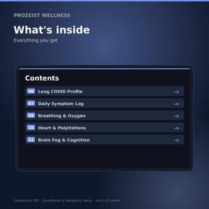 May include: A dark blue digital document titled Prozeist Wellness What's inside Everything you get. The contents list includes 06 Long COVID Profile, 07 Daily Symptom Log, 09 Breathing & Oxygen, 10 Heart & Palpitations, and 11 Brain Fog & Cognition.