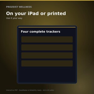 May include: A digital wellness tracker template featuring the text PROZEIST WELLNESS, On your iPad or printed, Use it your way, and Four complete trackers. The layout includes four dark rectangular fields on a dark background, designed for interactive PDF use.