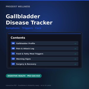 Puede incluir: Un documento digital Gallbladder Disease Tracker de Prozeist Wellness con fondo azul degradado. La tabla de contenidos incluye Gallbladder Profile, Pain & Attack Log, Food & Fatty Meal Triggers, Warning Signs y Surgery & Recovery.