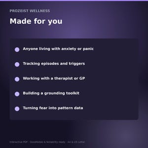 May include: A dark purple digital document titled Prozeist Wellness Made for you. It lists five bullet points: Anyone living with anxiety or panic, Tracking episodes and triggers, Working with a therapist or GP, Building a grounding toolkit, and Turning fear into pattern data. Bottom text reads Interactive PDF, GoodNotes & Notability ready, A4 & US Letter.