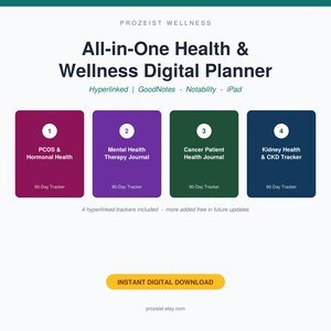 Digitale alles-in-één planner voor gezondheid | PCOS, geestelijke gezondheid, kanker, niertrackers (download)