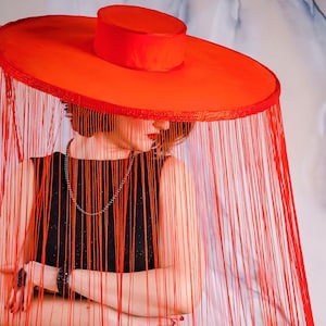 Red Fringe Wide Brim Hat: Handmade Cosplay Statement Headwear