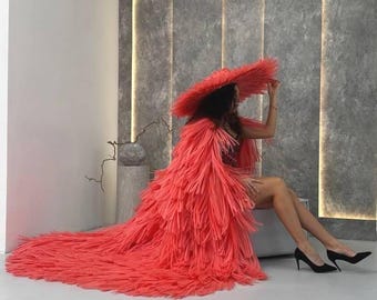 Capa transformable de plumas de coral para sesión de fotos: disfraz de flamenco para el Día de San Valentín, falda o capa impermeable hecha a mano.