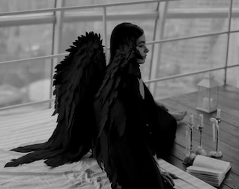 Unisex Black Angel Wings Costume Fallen Angel Wings Halloween Photoshoot Large Feather Wings Maternity Cosplay Wire Frame Custom Color