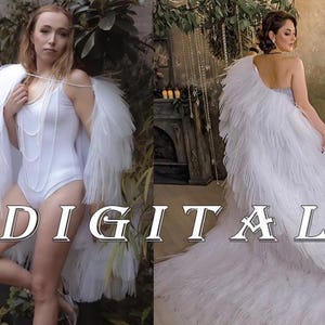 May include: Two images of a person wearing a white bodysuit and large white feather wings. The word "DIGITAL" is displayed in large, silver letters across the bottom of the image. The background includes greenery and a fireplace.