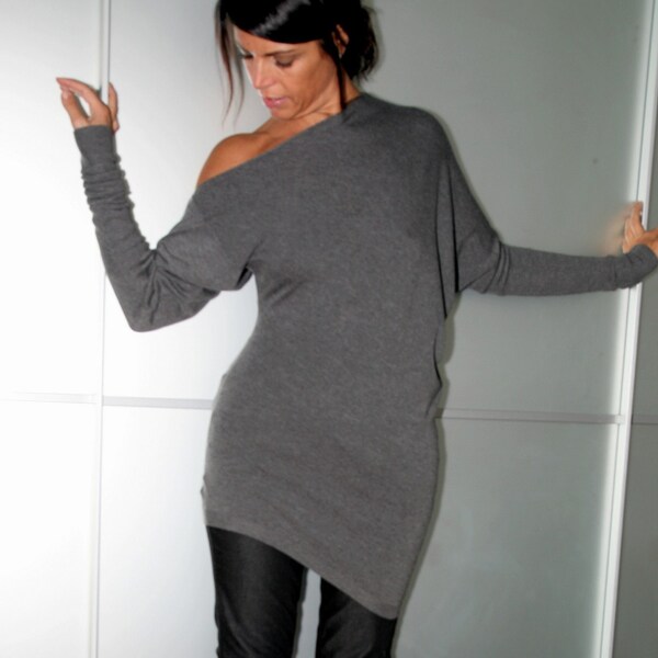 Grey Wool Asymmetric Top Fine Knit Size S M Made To Order