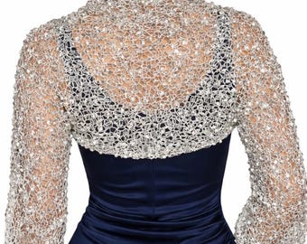 Bolero de crochet gris plateado para bodas, chaqueta corta nupcial, bolero para damas de honor, chal para la madre de la novia, elegante chaqueta de encaje para la noche.