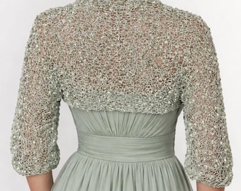 Bolero verde salvia para graduación, mangas de ganchillo, prenda para cubrir el atuendo de graduación, elegante chal de noche, bolero formal hecho a mano, chaqueta corta para damas de honor