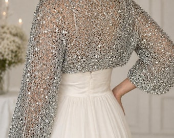 Silver Bridal Bolero Crochet Shrug | Elegant Wedding Cover Up for Bride, Bridesmaids & Mother of the Bride | Light Grey Wedding Wrap