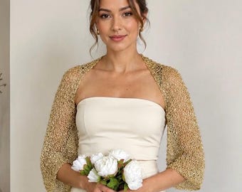 Gouden bruidsbolero – elegante bruiloft cover-up voor burgerlijk huwelijk, bruids schouderophalen, gouden gehaakte bolero, bruiloft gast wrap, handgemaakte bolero
