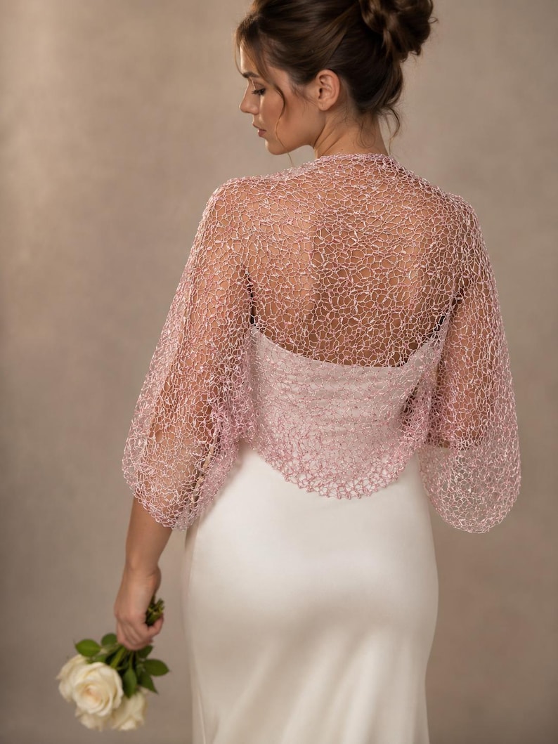 Blush Pink Silver Crochet Bolero, Elegant Evening Shrug, Wedding Cover