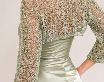 Knitted Bridal Shrug, Sage Green Wedding Cover Up, Handmade Silk Wedding Bolero for Bridesmaid