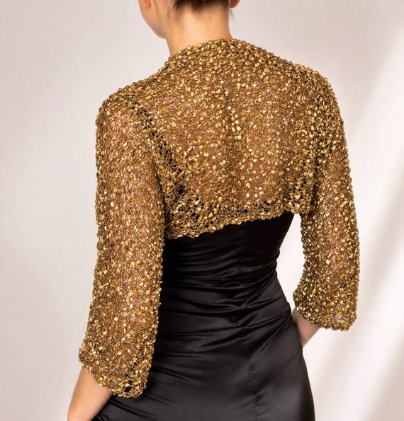 Glamorous Gold & Black Crochet Bolero | Handmade Evening Shrug | Wedding Cover Up | Mother of the Bride Jacket | Bridesmaid Bolero