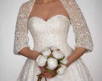 Weißer Braut Bolero häkeln | Hochzeits Shrug Baumwolle Viskose | Lace Cover Up für Braut Brautjungfer Mutter der Braut | Eleganter Hochzeitsschal