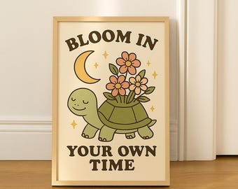 Arte floreale tartaruga / Fiorisci nel tuo tempo / Decorazione murale stampabile / Formato poster