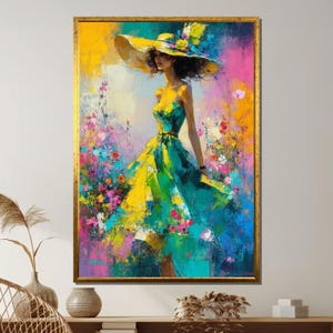 Impressão em tela da Fashion Lady: Vestido de verão colorido, chapéu floral elegante