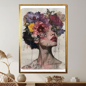 Floral Woman Portrait Canvas, Abstract Female Wall Art, Modern Flower Head Art Print, Bold Feminine Expression, Wall Art Canvas Design
