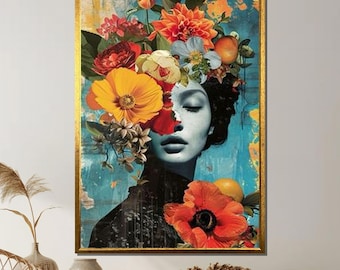 Floral Woman Collage Canvas, Modern Surreal Portrait Wall Art, Bold Colorful Flower Head Print, Contemporary Mixed Media Artwork