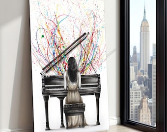 Frau spielt Klavier Leinwand Druck, Color Splash Musik Art