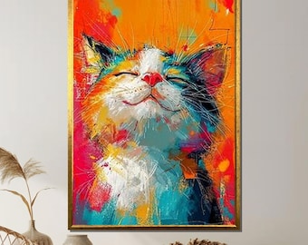 Colorful Cat Canvas, Abstract Happy Kitten Wall Art, Vibrant Pet Portrait Painting Print, Whimsical Feline Artwork, Framed Ready to Hang