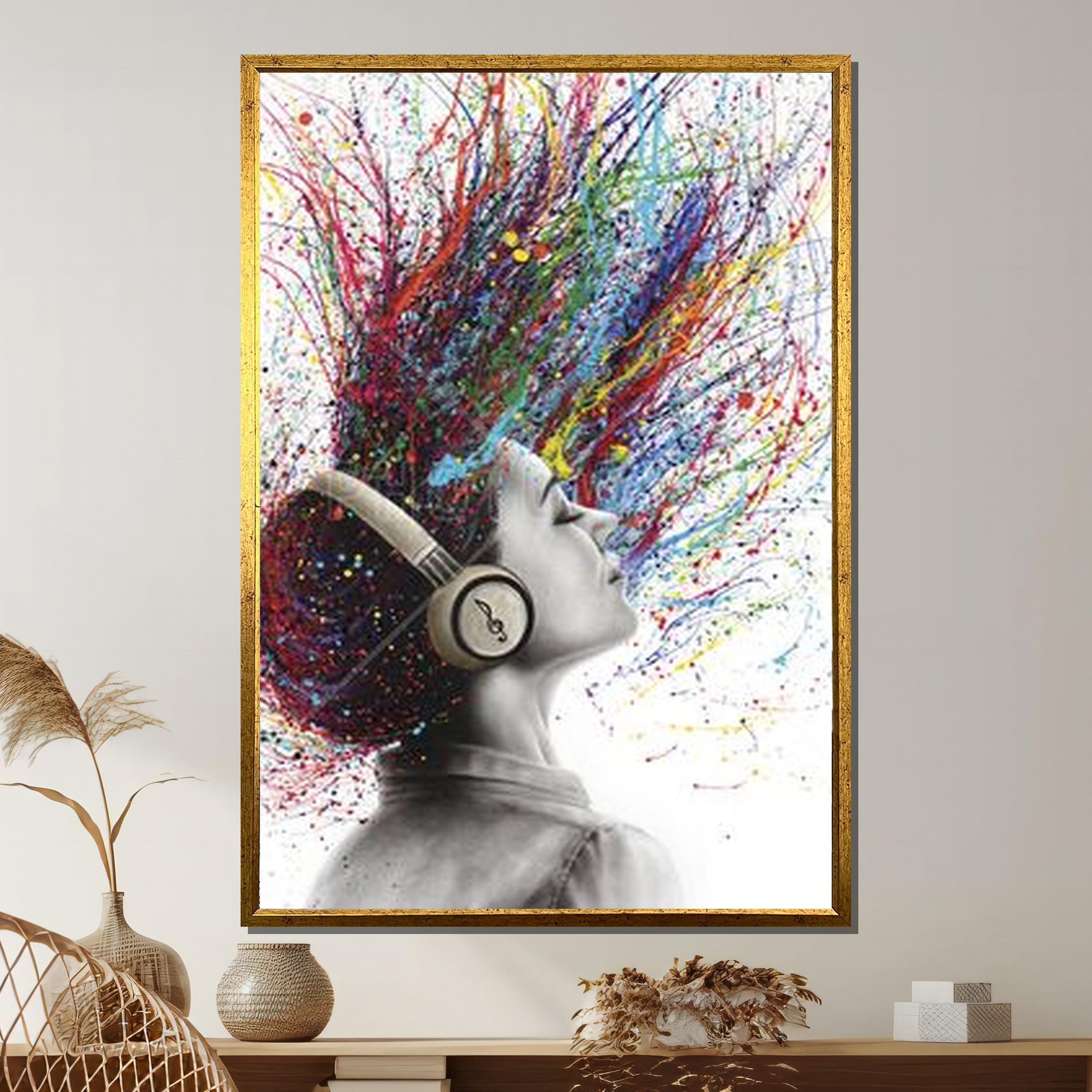 Colorful Music Explosion Canvas Print: Abstract Headphones Girl