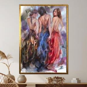 May include: A painting of three women standing together. The woman in the middle is wearing a blue dress, the woman on the left is wearing a black dress, and the woman on the right is wearing a red dress.