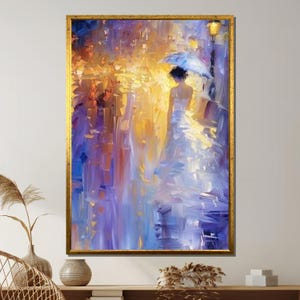 Rainy Night Canvas Art: Abstract Impressionist Woman with Umbrella