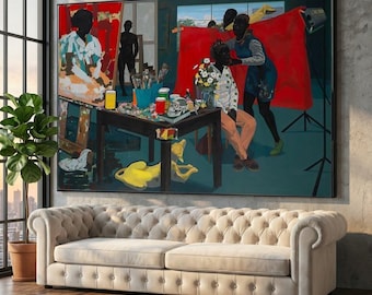 Studioscen på duk, figurativ konst, inspirerad av Kerry James Marshall