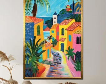 Toile de style Henri Matisse, oeuvre d&#39;art colorée de village côtier, impression murale inspirée du fauvisme, scène de rue méditerranéenne, conception de toile d&#39;art mural
