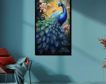雄大な孔雀のキャンバスプリント：エレガントな花柄の自然壁アート