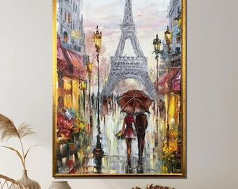 Romantische Paris Straße Leinwand, Eiffelturm Regentag Gemälde, Paar unter Regenschirm Wandkunst, impressionistische Paris Szene Druck