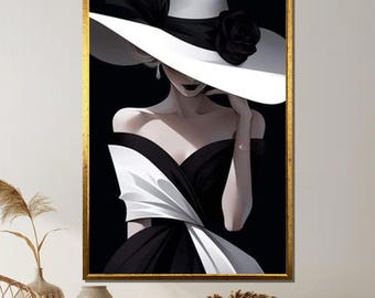 Impresión en lienzo de mujer elegante: arte mural de moda en blanco y negro