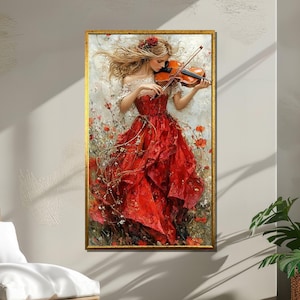 Violin Girl Canvas Print: Romantic Woman in Red Dress Floral Wall Art