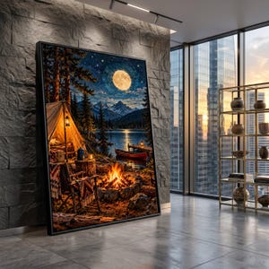 Moonlit Camping Scene Canvas, Lakeside Firepit Wall Art, Rustic Outdoor Nature Canvas, Mountain Night Landscape, Cozy Tent Decor