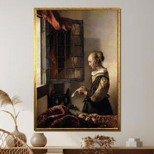 Lienzo de Vermeer "Niña leyendo una carta", impresión artística de la Edad de Oro holandesa, pintura clásica con luz de ventana, arte mural con escena interior barroca