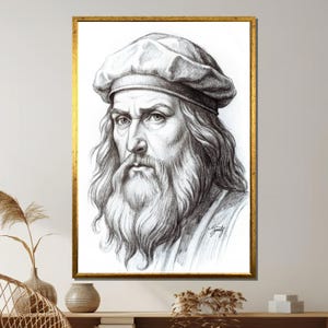 Leonardo da Vinci Portrait Sketch Canvas, Renaissance Master Pencil Art Print, Historical Artist Drawing Wall Decor, Classic Italian Genius