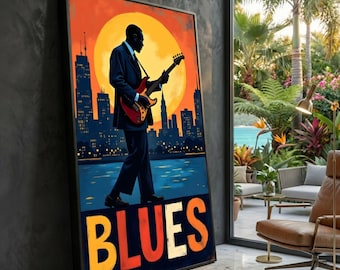 Lienzo con paisaje urbano de guitarrista de blues, póster de música vintage