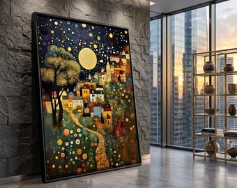 Klimt Style Canvas Print: Moonlit Village, Starry Night Wall Art