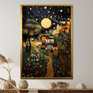Stampa su tela in stile Klimt: Villaggio illuminato dalla luna, Notte stellata