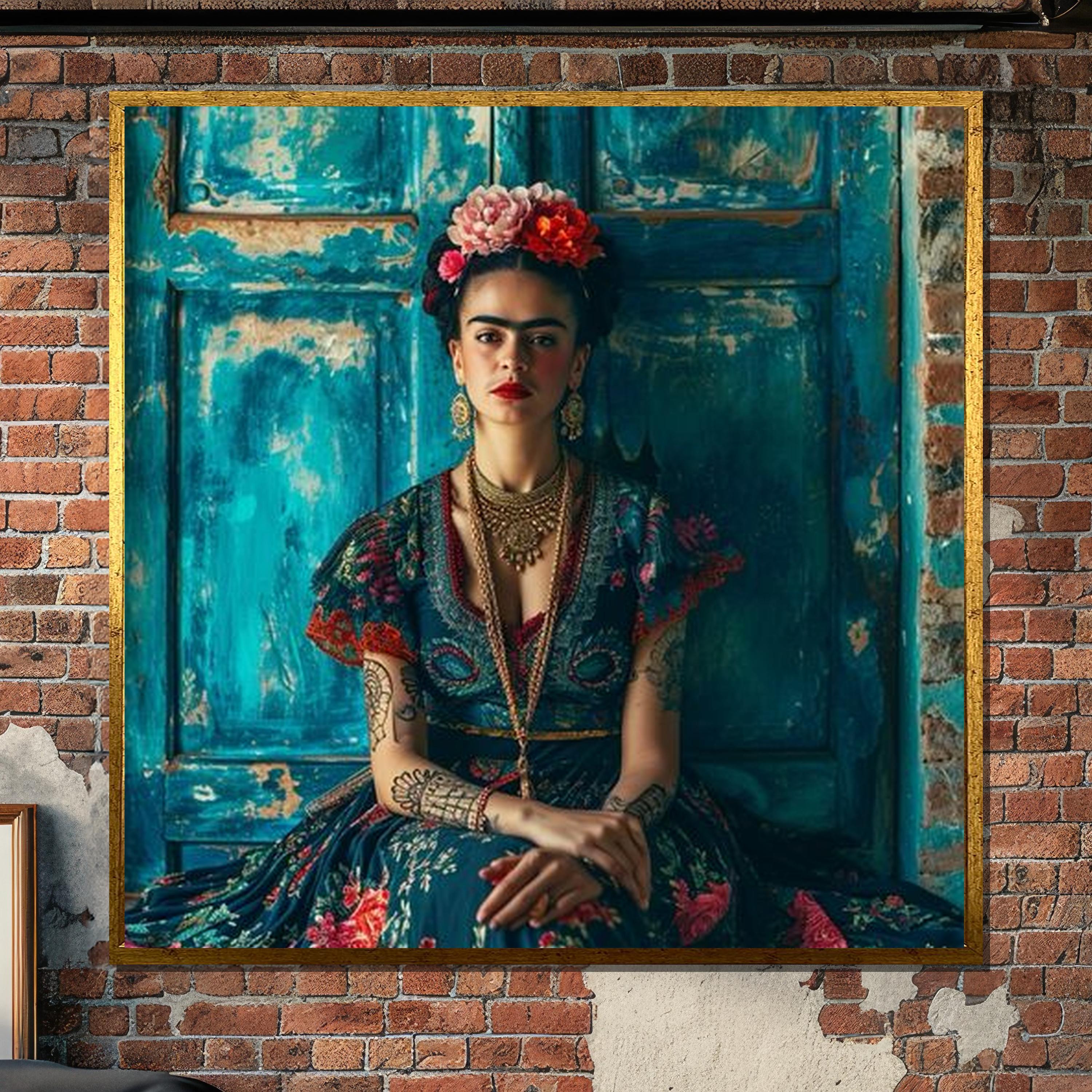 絵画 フリーダ・カーロ風キャンバスプリント：メキシコ風ボヘミアン花柄