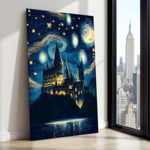 Magiskt Hogwarts slott Canvas, Stjärnklar natthimmel Väggkonst, Fantasilandskap Canvas, Harry Potter-inspirerad heminredning, Klar att hänga