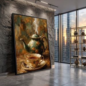May include: A framed oil painting depicting a dark green teapot with floral patterns and steam rising from the lid, positioned behind a matching teacup and saucer with a silver spoon, set against a textured, earthy-toned background.