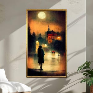 Rainy Night Cityscape Canvas: Moody Urban Moonlight Art