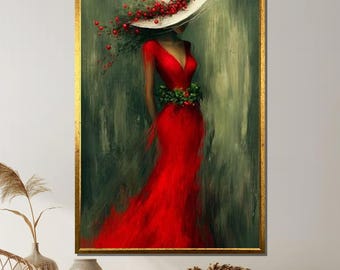 Elegant Lady in Red Canvas, Fashion Woman Wall Art, Red Dress and Hat Painting, Glamorous Feminine Print, Modern Style Canvas