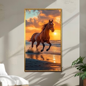 Laufendes Pferd bei Sonnenuntergang Leinwand, Strandpferd Wandkunst, Majestätischer Hengst Druck, Sonnenuntergang Ozeanpferd Dekor, Wildpferd Leinwand Kunstwerk